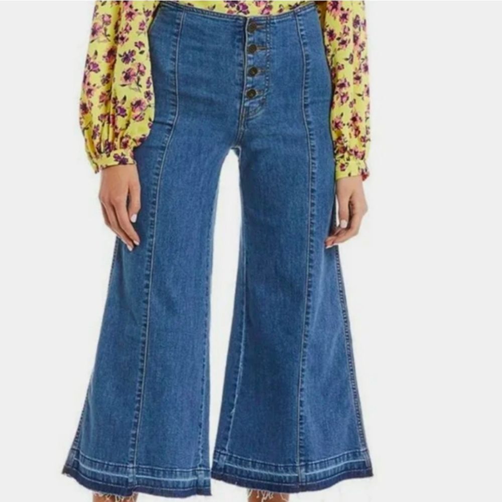 GIANNI BINI Y2K Blue Denim Extreme Wide Leg Trouser Jean 4-button Crop Pant 11